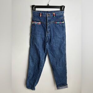 Vintage 80s High Rise Mom Jeans 26 Waist Embellished Denim 100% Cotton
